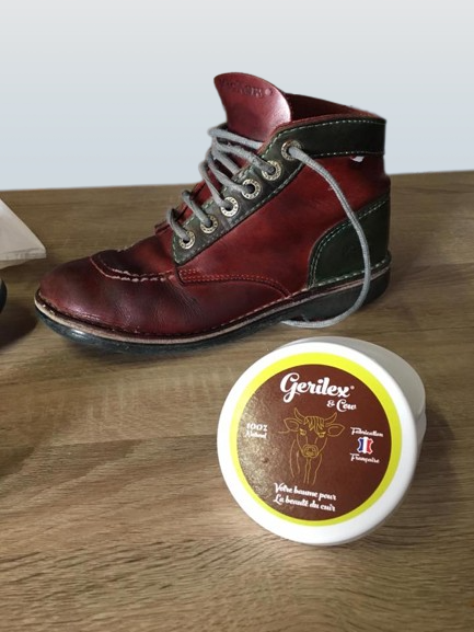 Red leather shoes worn with balm in front